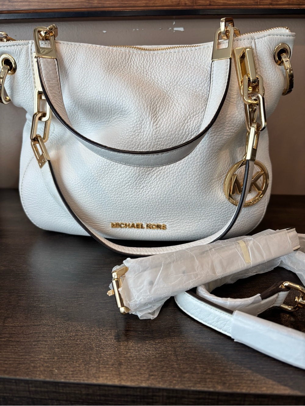 Michael Kors White Pebbled Leather Bag with Gold Hardware